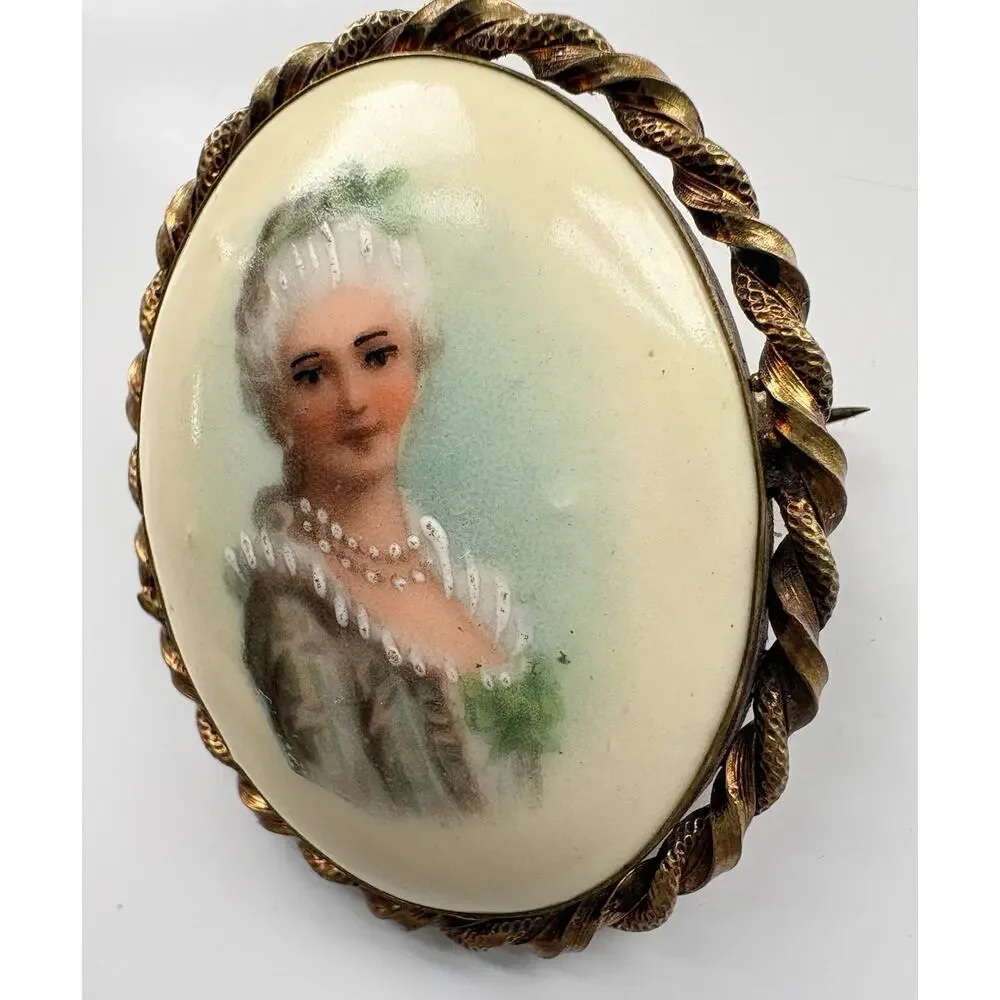 Antique Portrait Brooch 1800's Porcelain Painted En Relief Oval Pin